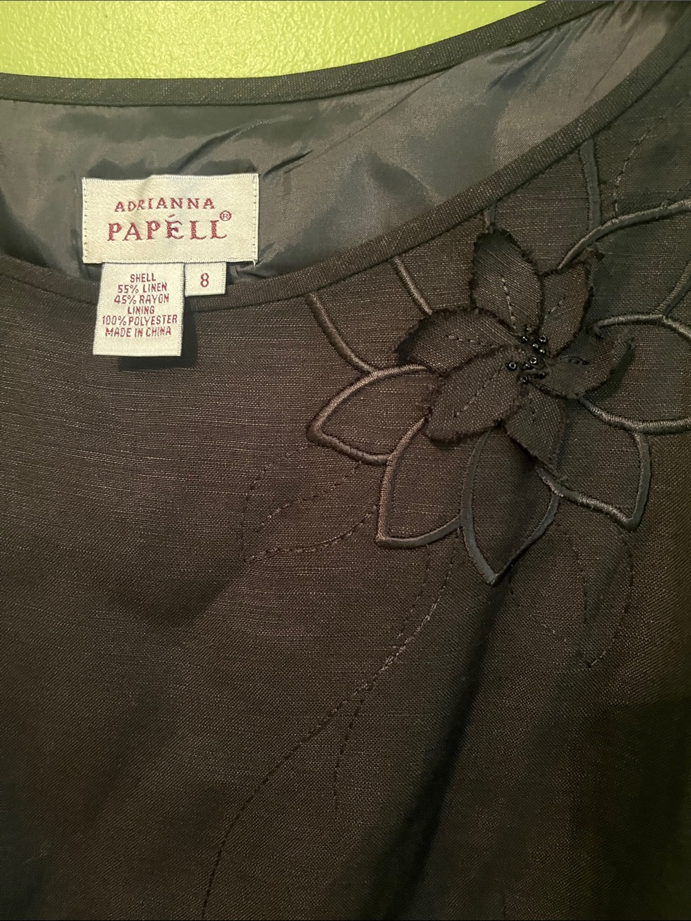 Adrianna Papell Black Linen Midi Dress Floral Appliqué - Picture 2 of 4
